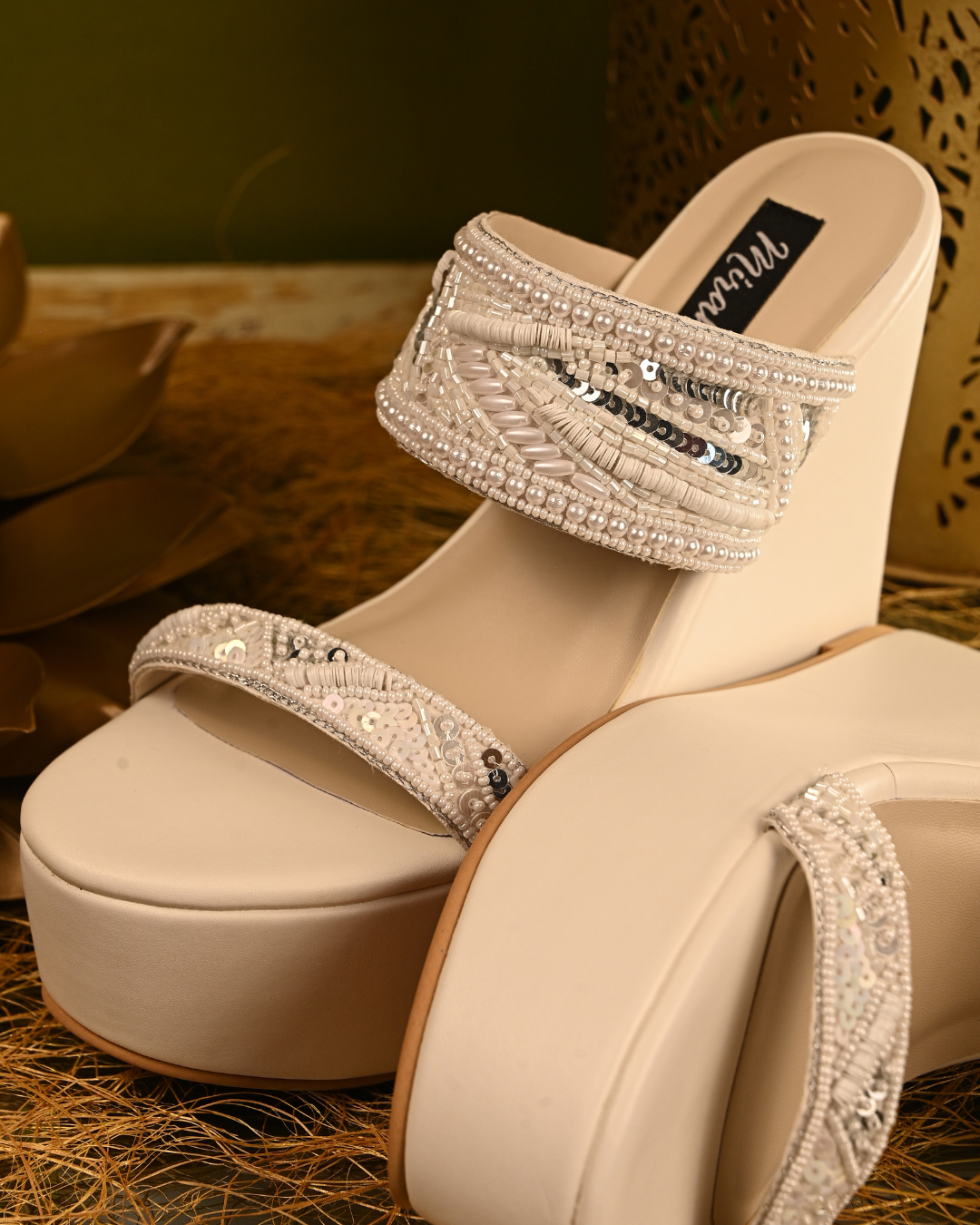 White Dual Strap Handwork Wedges