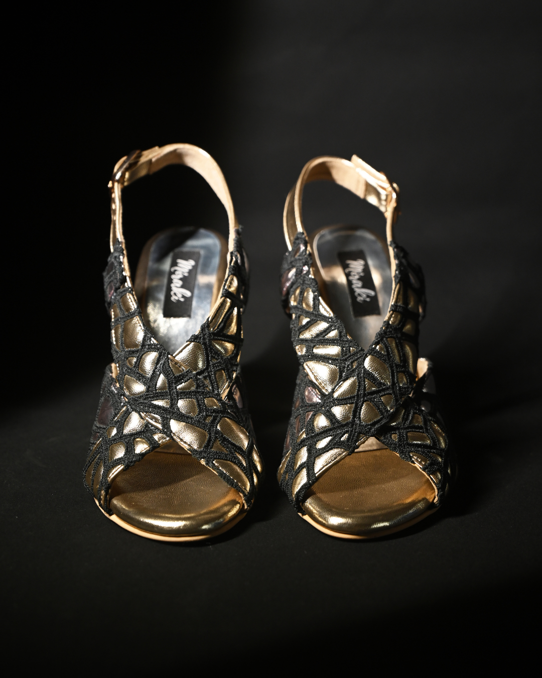 Black Web Detailing With Cushioned Gold And Silver Sling Back Heels