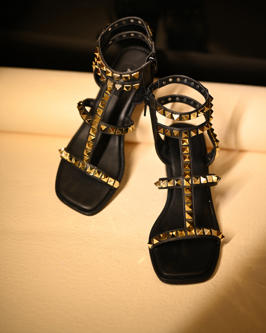 Gold Studded Black Heels With Ankle Straps