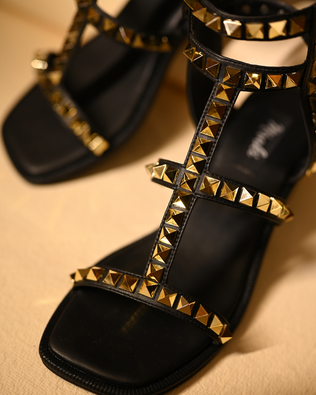 Gold Studded Black Heels With Ankle Straps