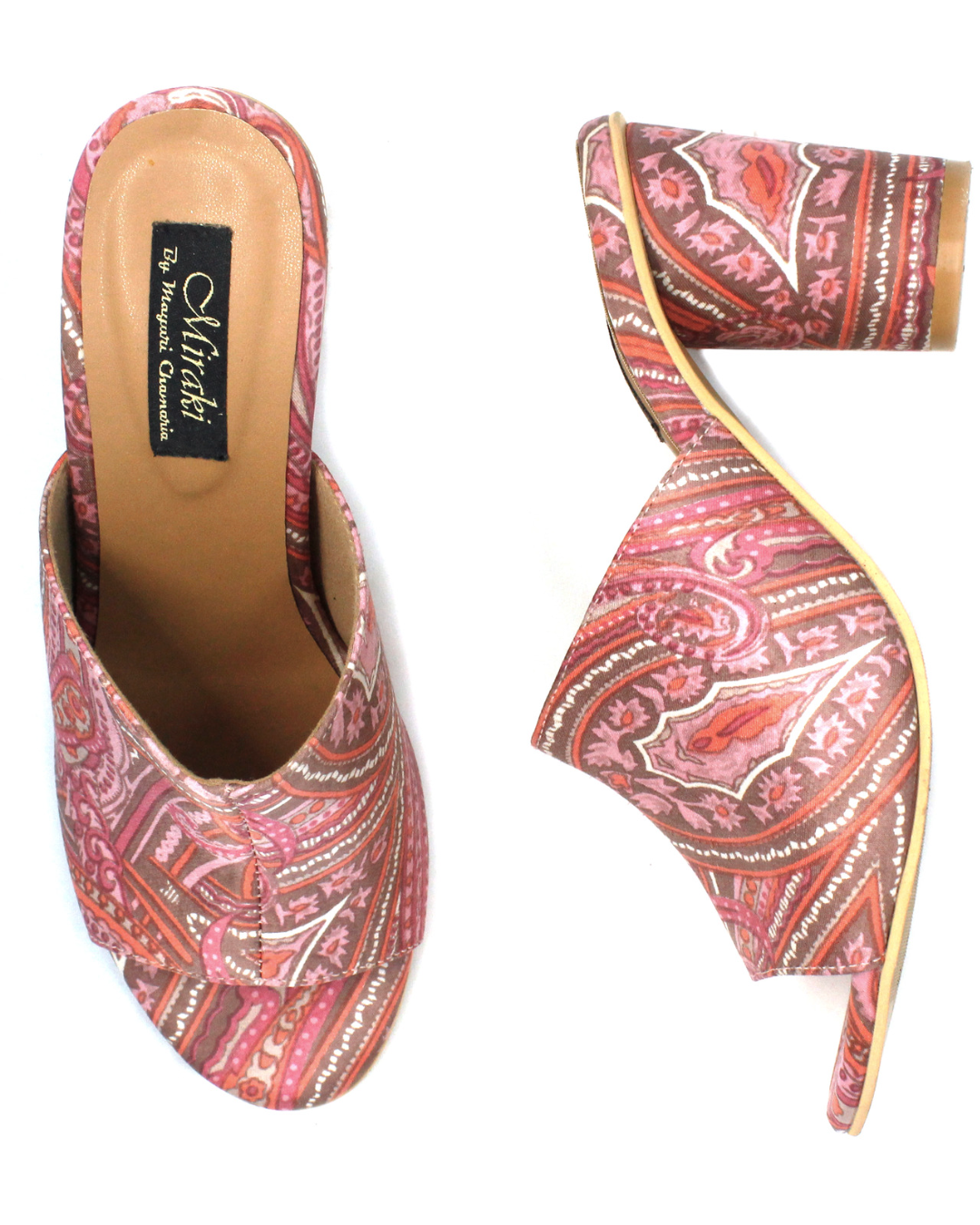 Pink Paisley Printed Slip Ons With Rounded Heels