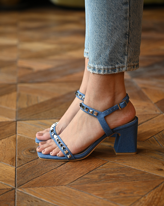 Denim Studded Block Heels