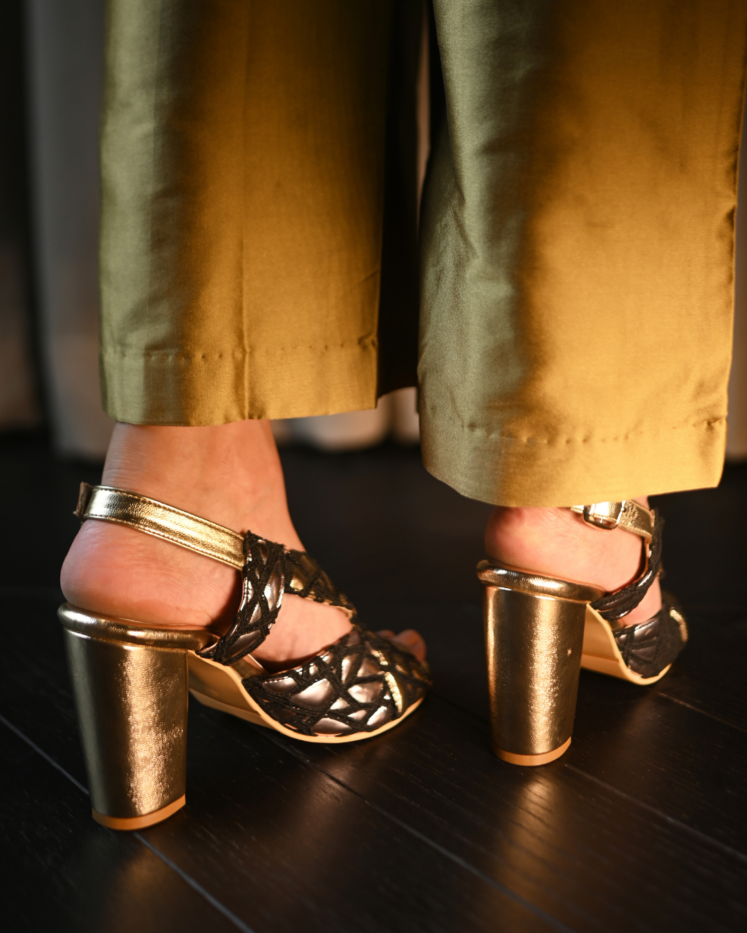 Black Web Detailing With Cushioned Gold And Silver Sling Back Heels