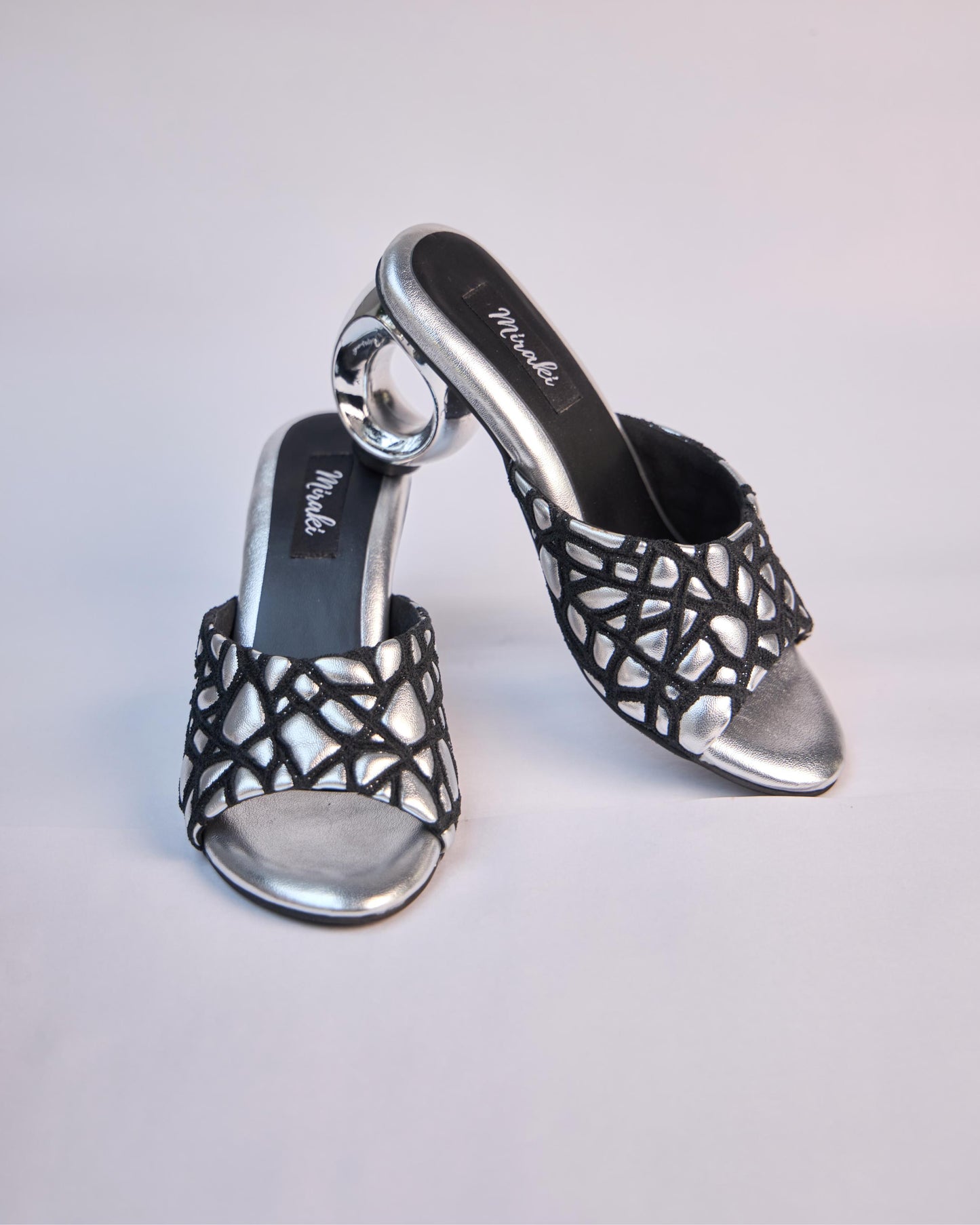 Webbed Silver Sandals With Unique Round Heels