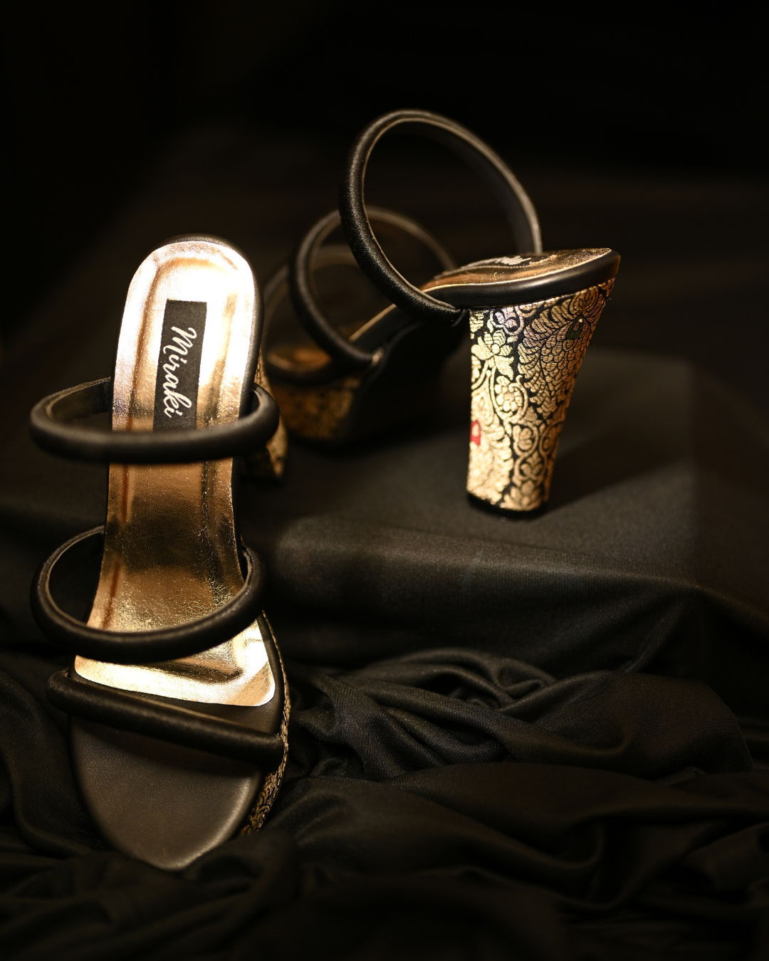 Black Three Strap Heels With Brocade Platform & Block Heel