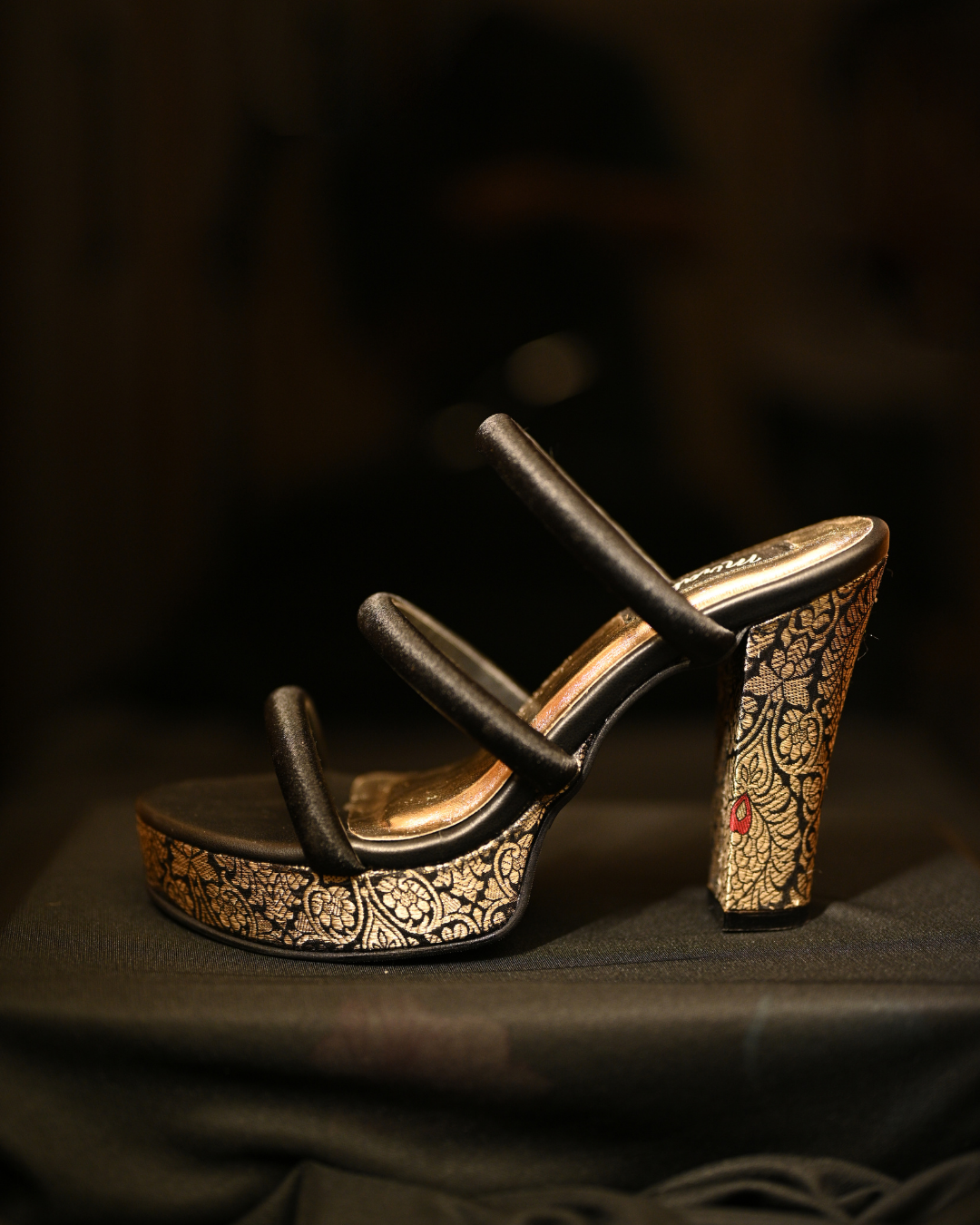 Black Three Strap Heels With Brocade Platform & Block Heel