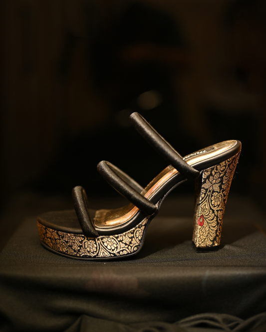 Black Three Strap Heels With Brocade Platform & Block Heel