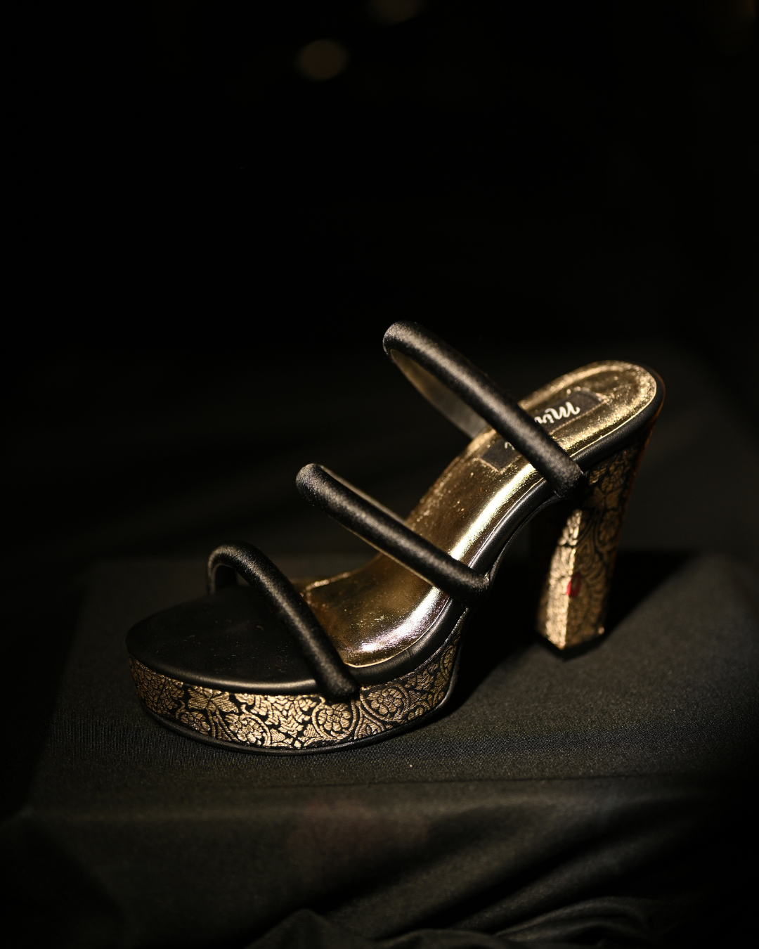 Black Three Strap Heels With Brocade Platform & Block Heel