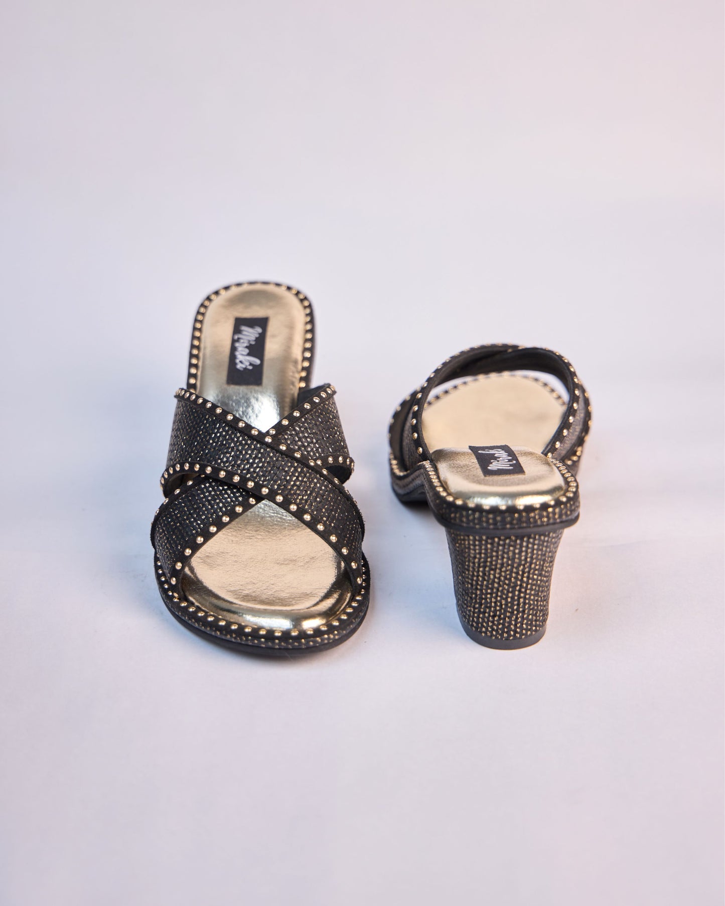 Noir Studded Cross Strap Mules