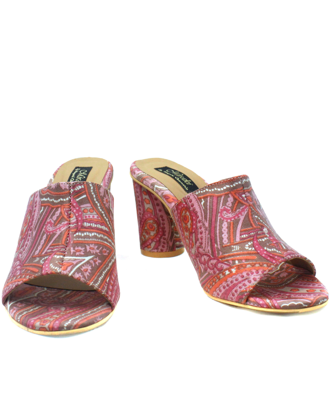 Pink Paisley Printed Slip Ons With Rounded Heels