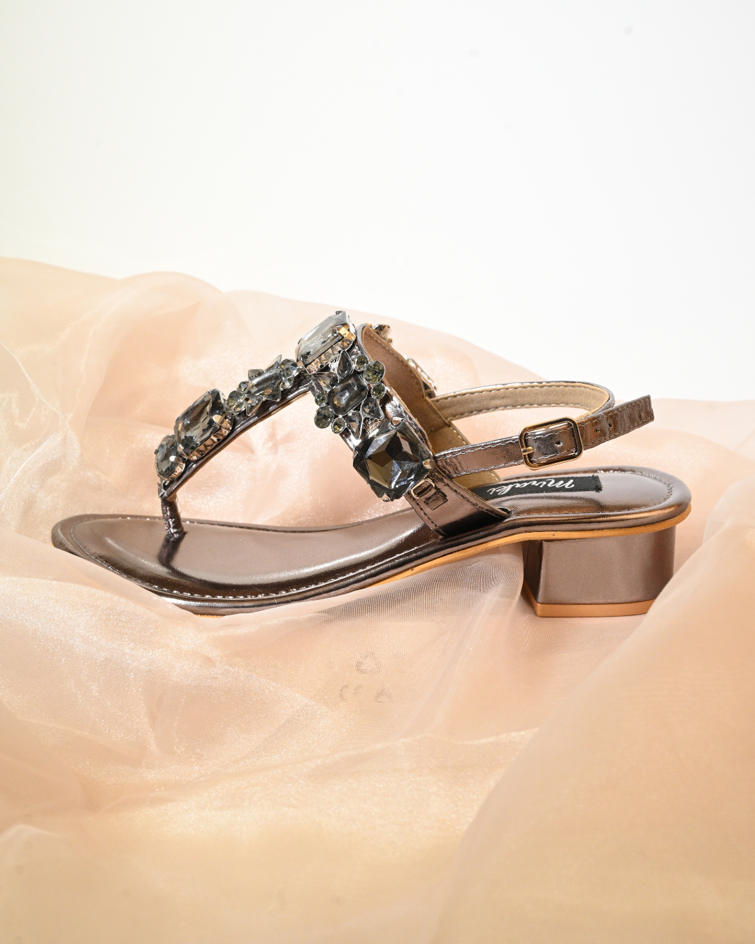 Stone Embellished Gunmetal Heels With Ankle Support Strap