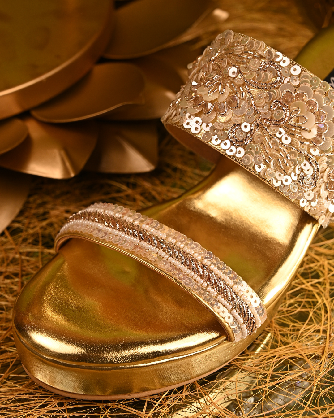 Gold Dual Strap Handwork Wedges