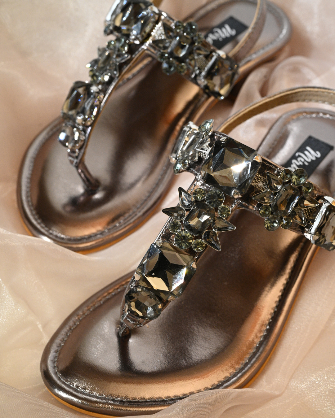 Stone Embellished Gunmetal Heels With Ankle Support Strap