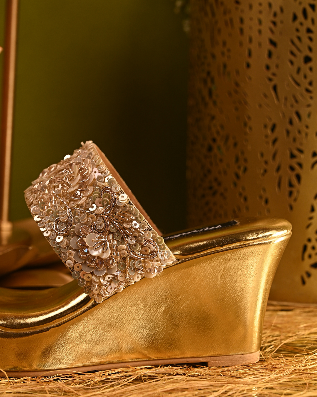Gold Dual Strap Handwork Wedges