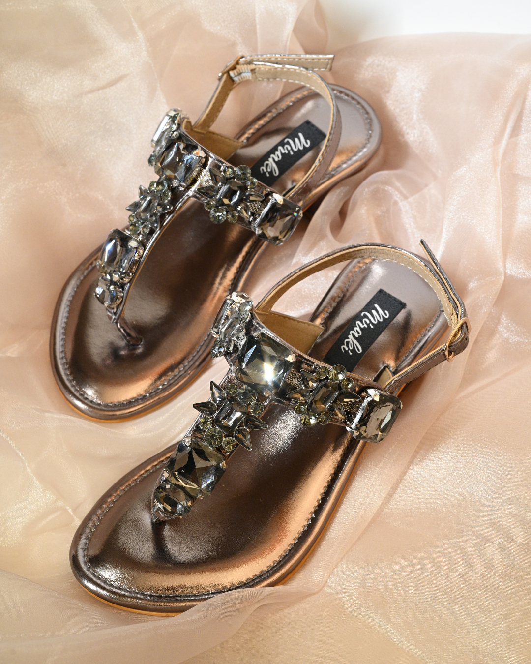 Stone Embellished Gunmetal Heels With Ankle Support Strap