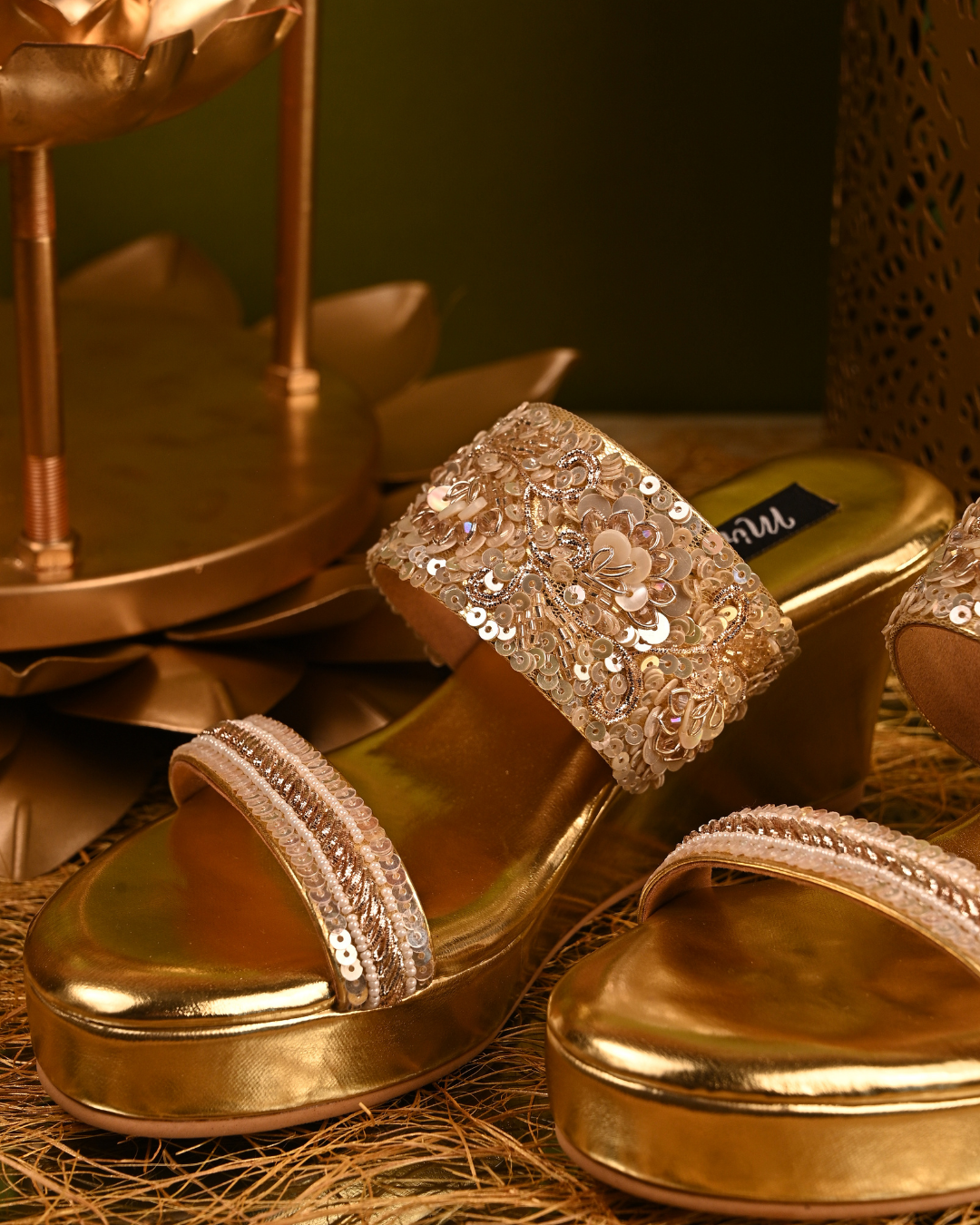 Gold Dual Strap Handwork Wedges