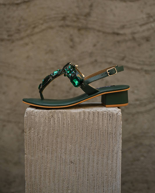 Stone Embellished Emerald Green Heels With Ankle Support Strap