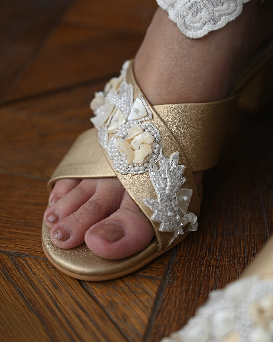 Gold Criss Cross Strap Block Heels With Shell And Pearl Work
