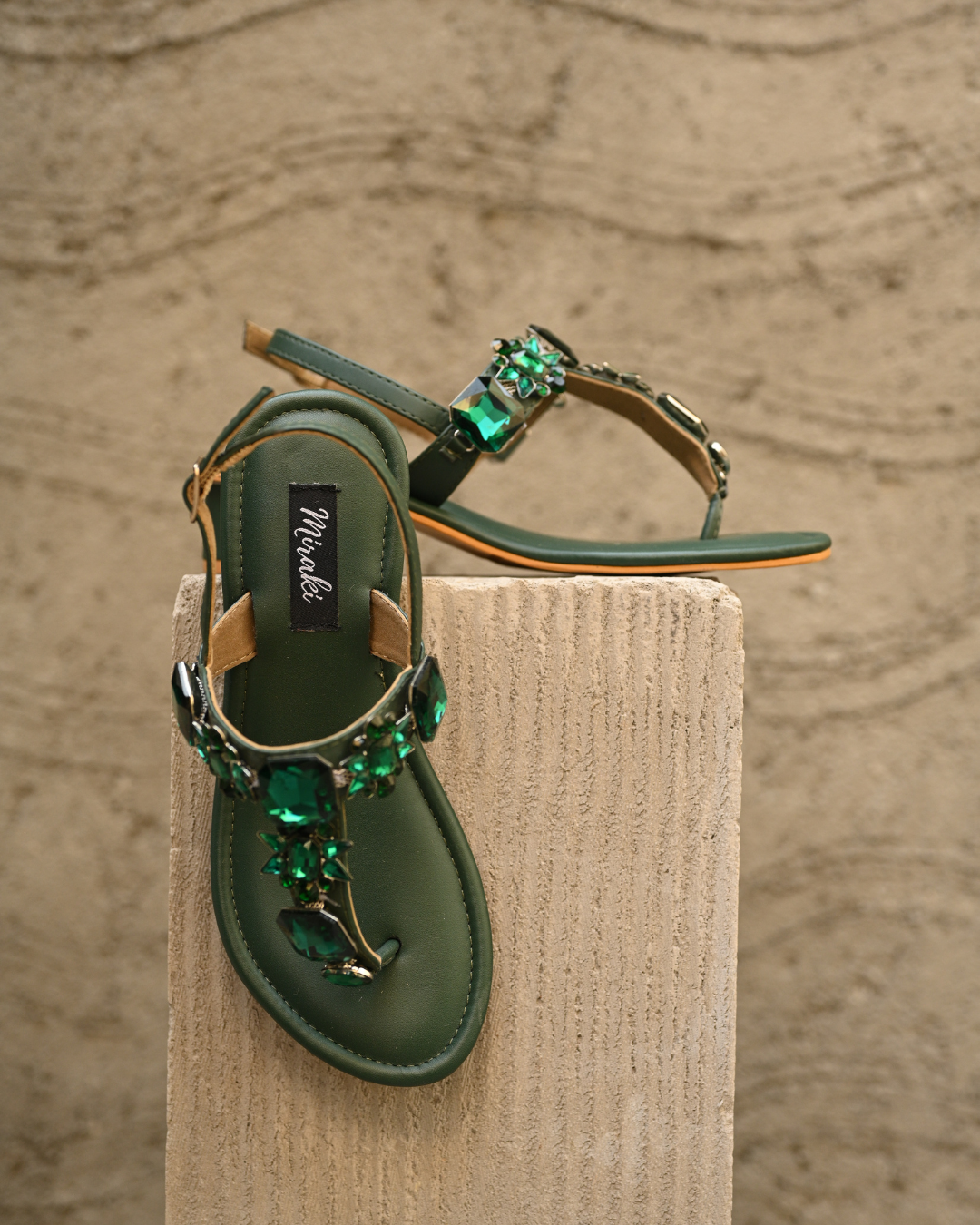 Stone Embellished Emerald Green Heels With Ankle Support Strap