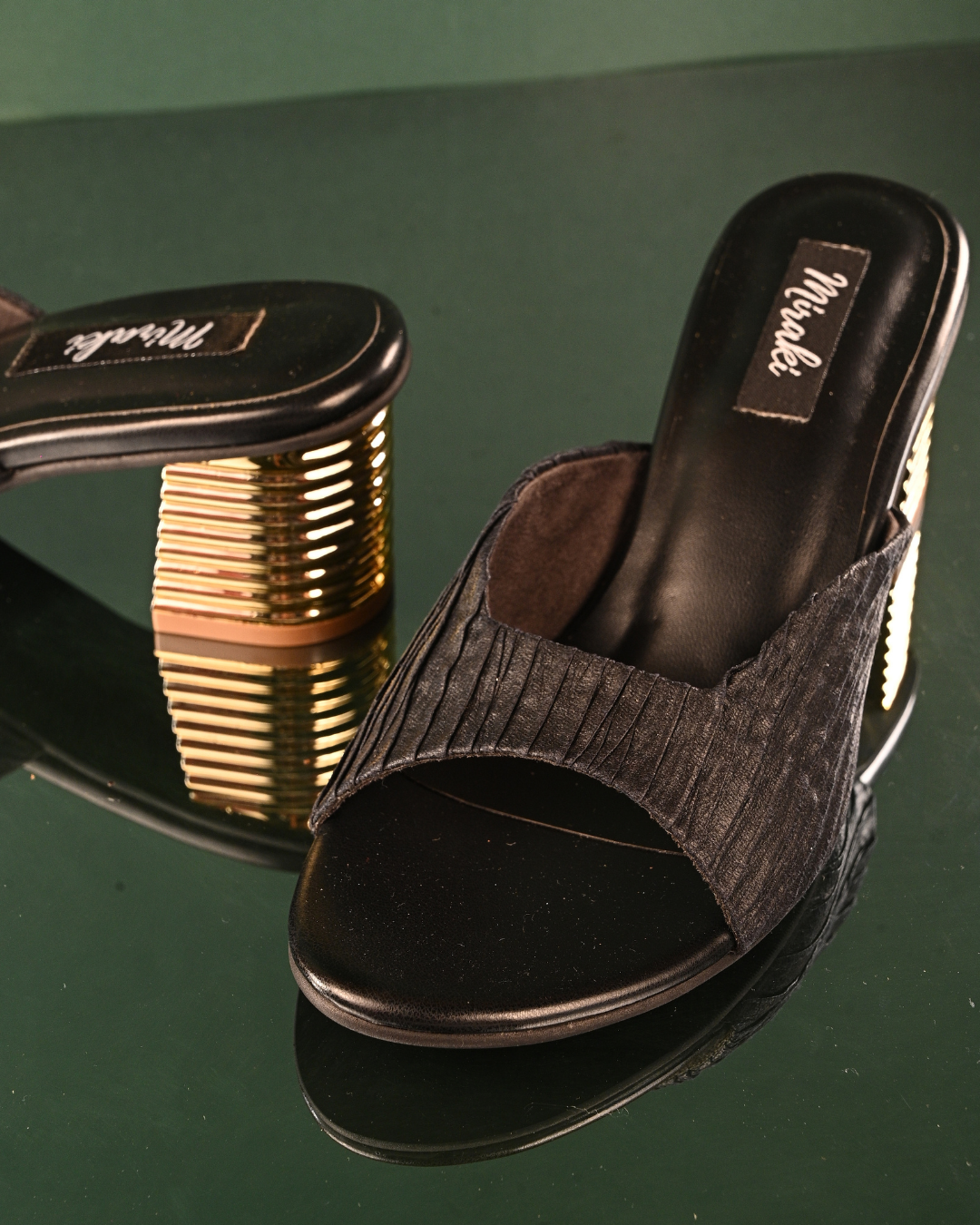 Textured Black Slip Ons With Gold Heels