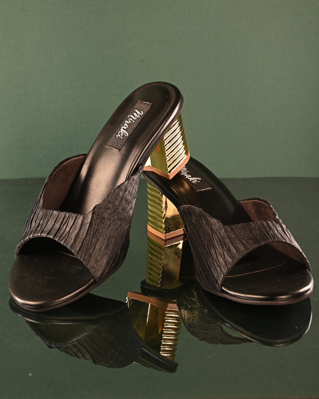 Textured Black Slip Ons With Gold Heels
