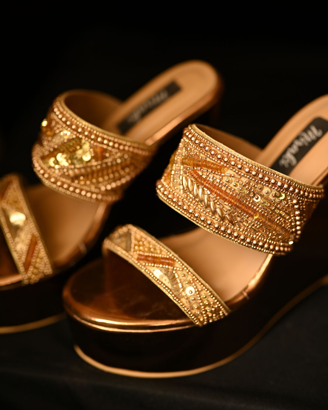 Bronze Dual Strap Handwork Wedges