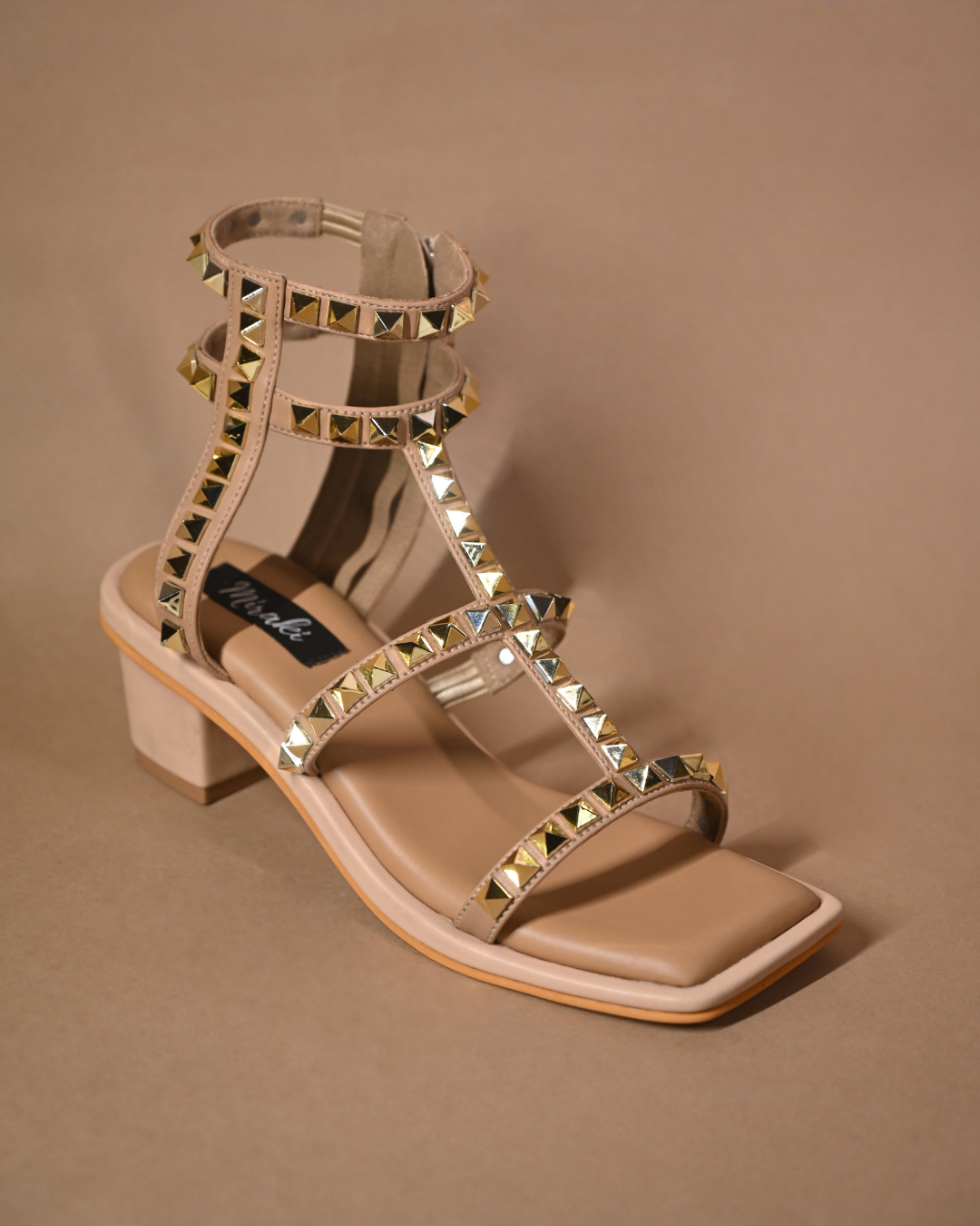 Gold Studded Beige Heels With Ankle Straps
