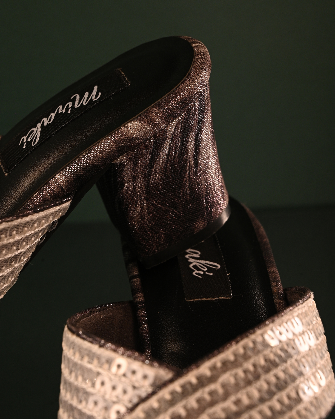 Black Block Heels With Criss Cross White Sequins Handwork