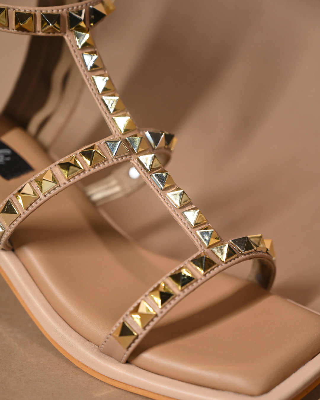 Gold Studded Beige Heels With Ankle Straps