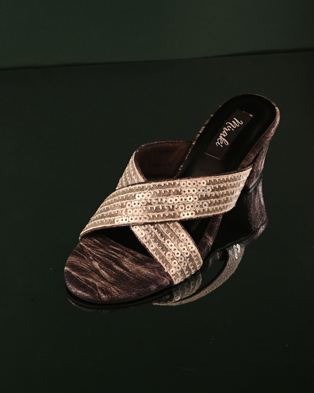 Black Block Heels With Criss Cross White Sequins Handwork