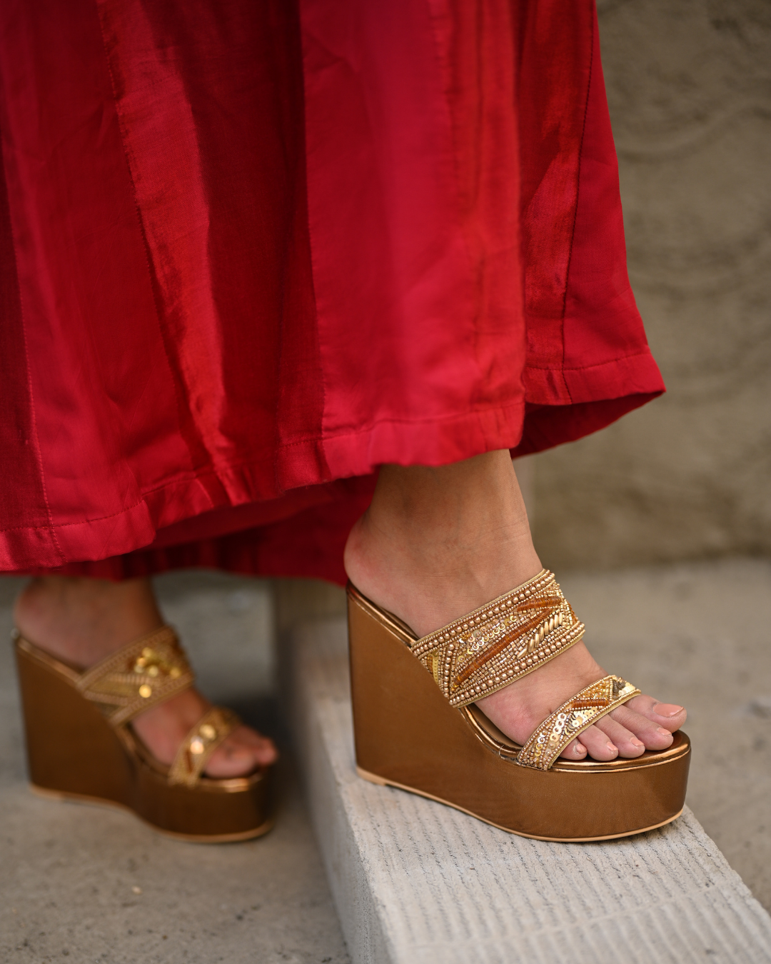 Bronze Dual Strap Handwork Wedges