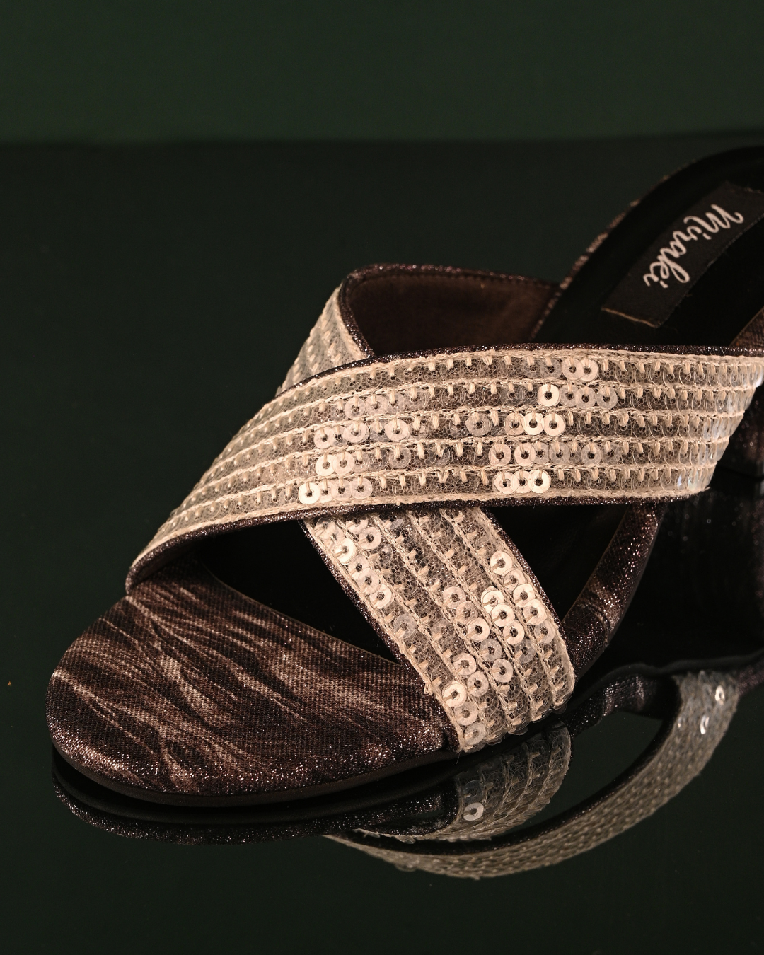 Black Block Heels With Criss Cross White Sequins Handwork