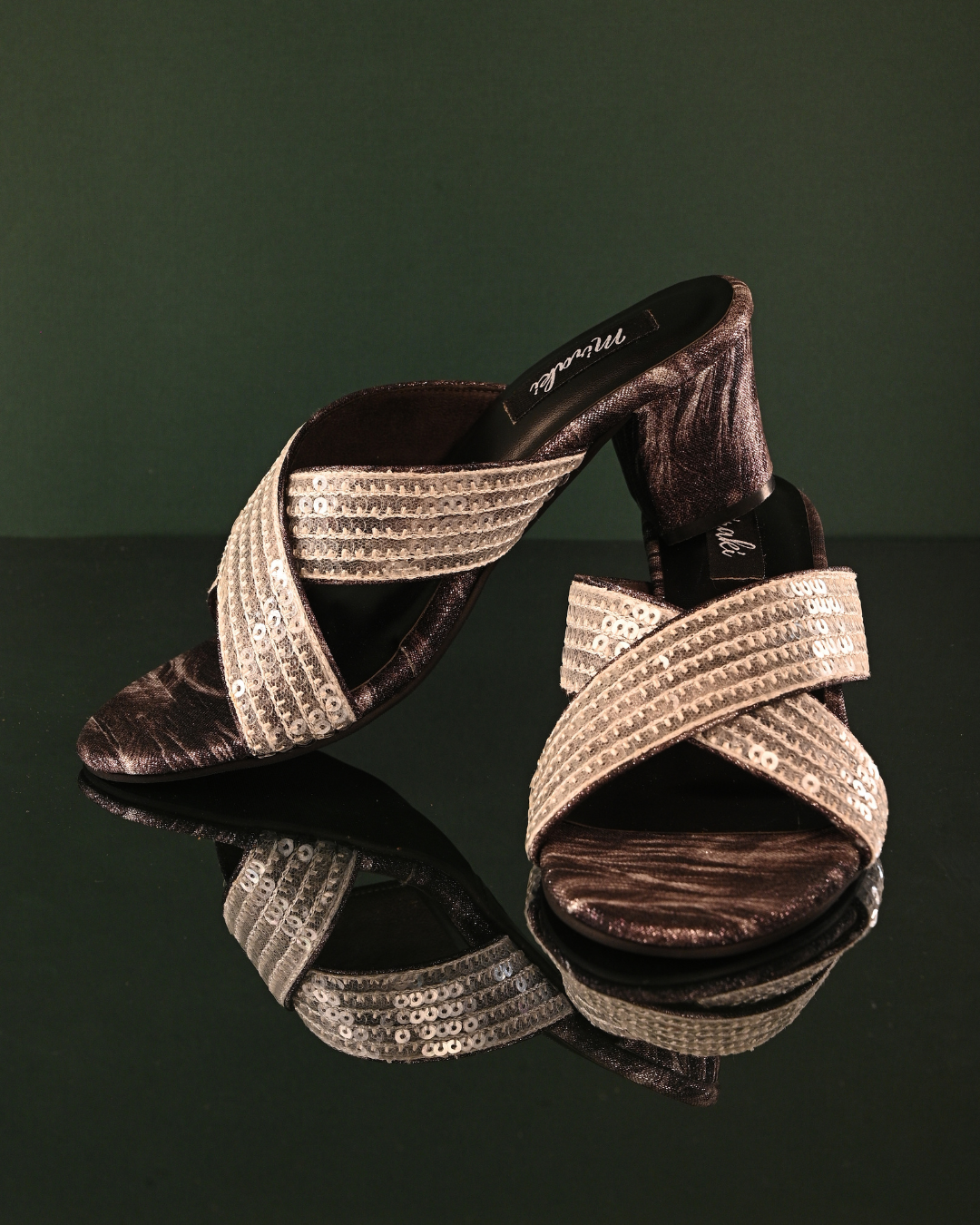 Black Block Heels With Criss Cross White Sequins Handwork