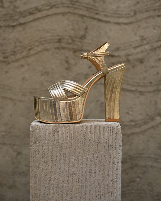 Gold Block Heels With Stitching Details