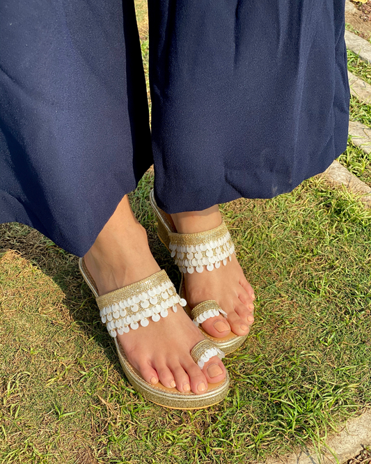 White Dangling Sequins Wedges