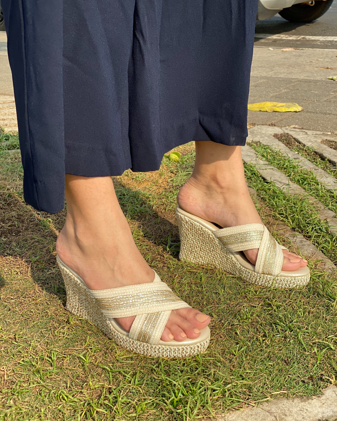 Off-White and Gold Gota Work Wedges
