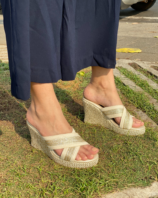 Off-White and Gold Gota Work Wedges