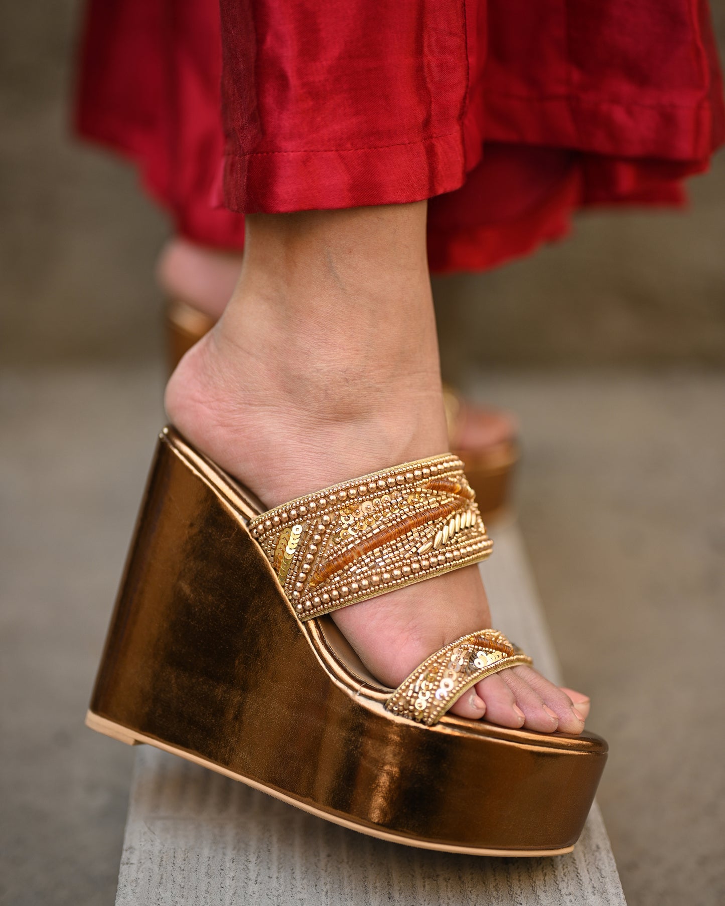 Bronze Dual Strap Handwork Wedges