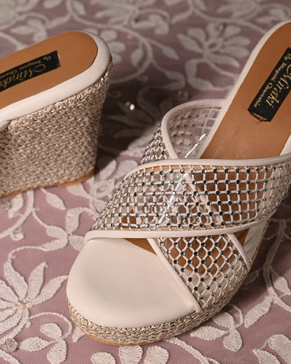 White Cross Strap Crystal Wedges