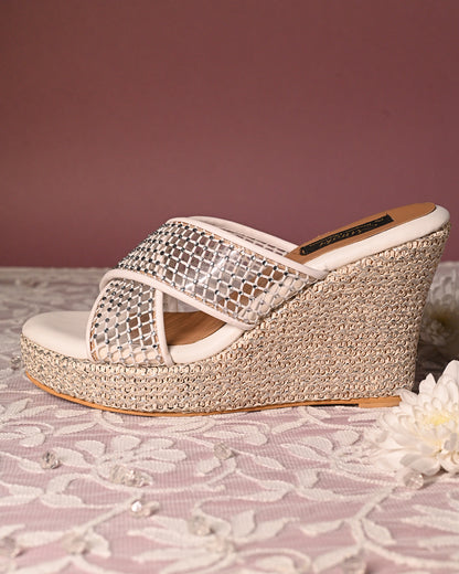 White Cross Strap Crystal Wedges
