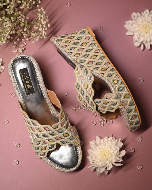 Pastel Green And Multi-Colour Threadwork Wedges
