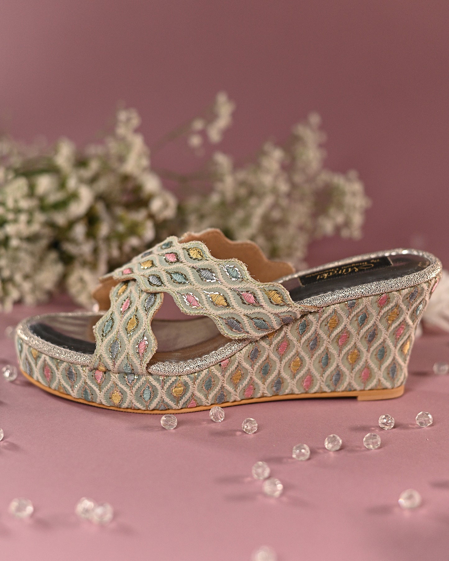 Pastel Green And Multi-Colour Threadwork Wedges