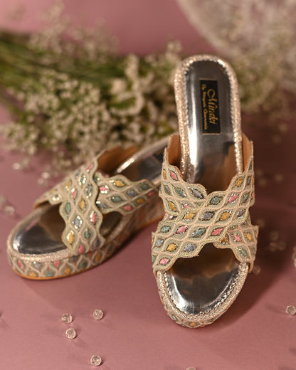 Pastel Green And Multi-Colour Threadwork Wedges