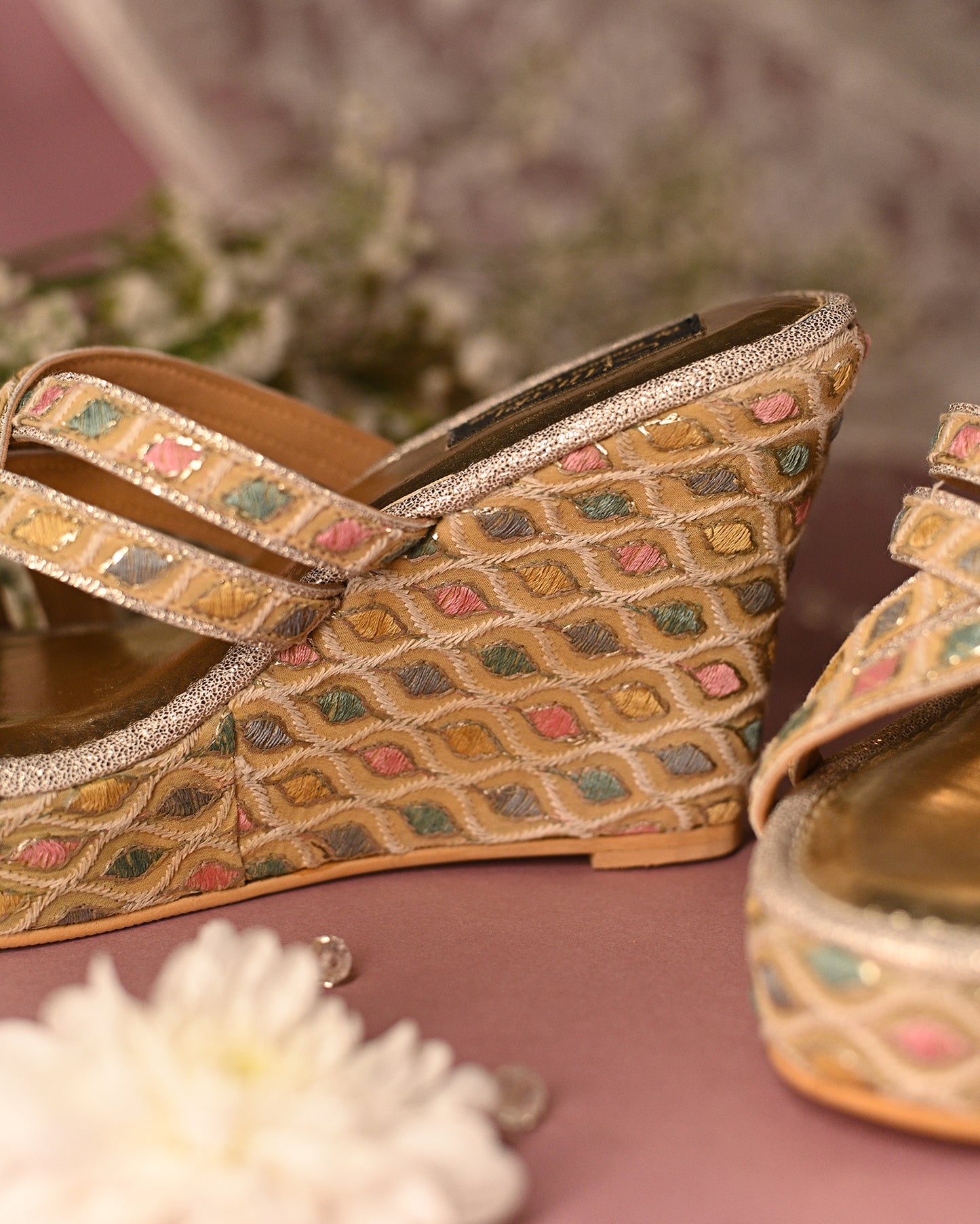 Pastel Threadwork Criss Cross Strap Wedges