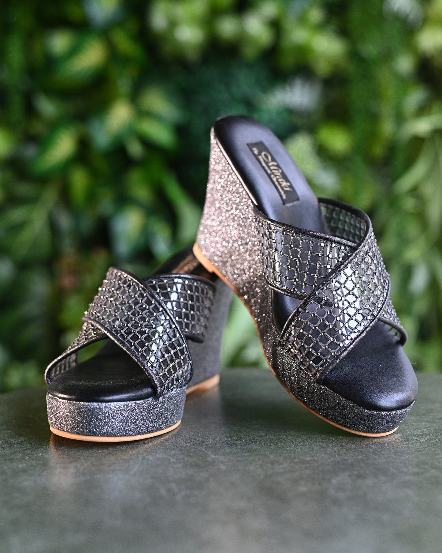 Grey Cross Strap Crystal Wedges