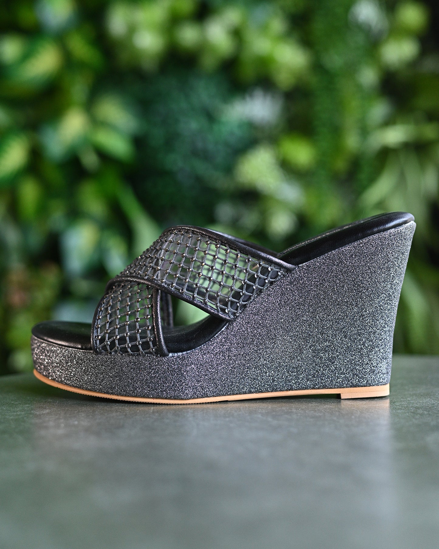 Grey Cross Strap Crystal Wedges