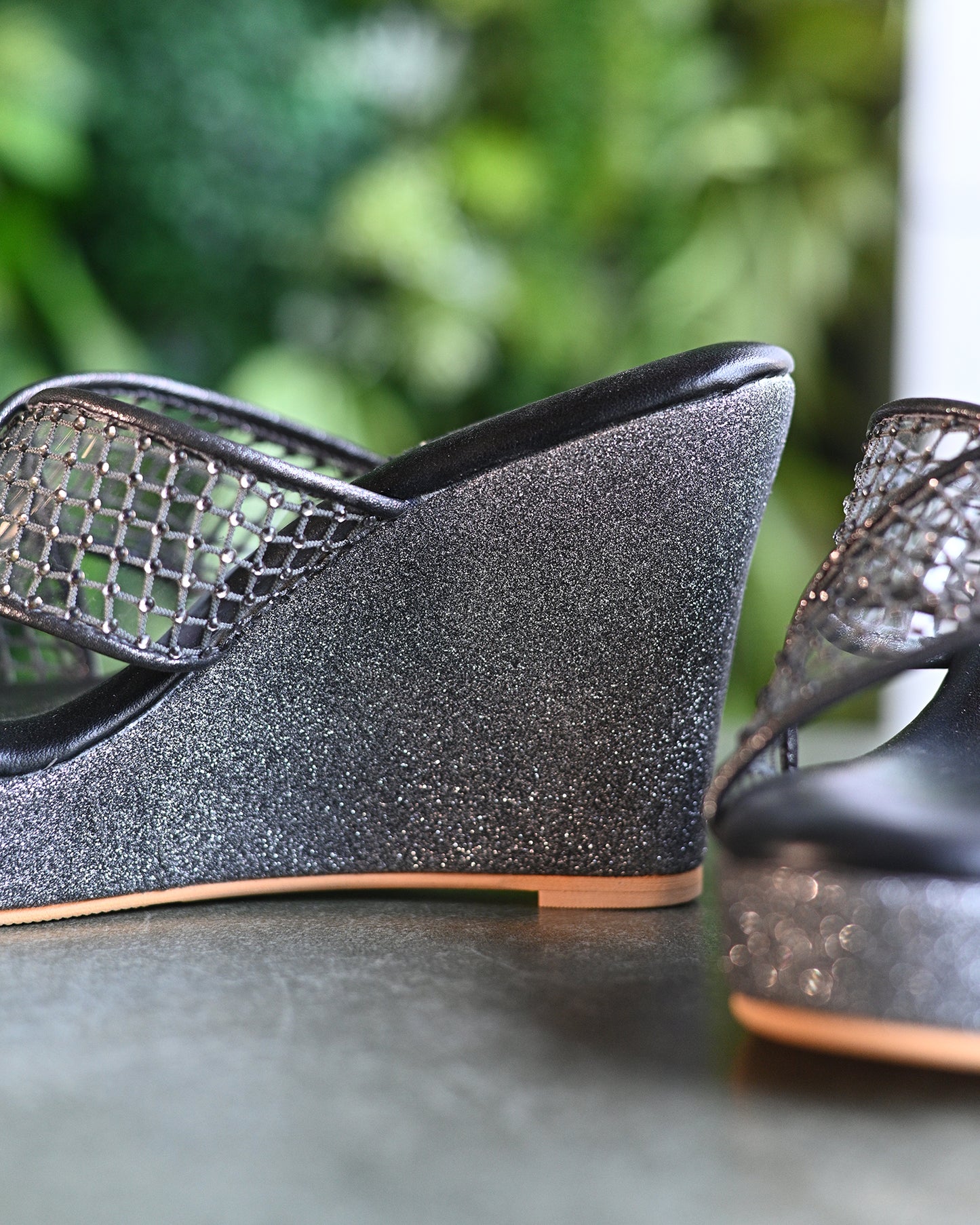 Grey Cross Strap Crystal Wedges