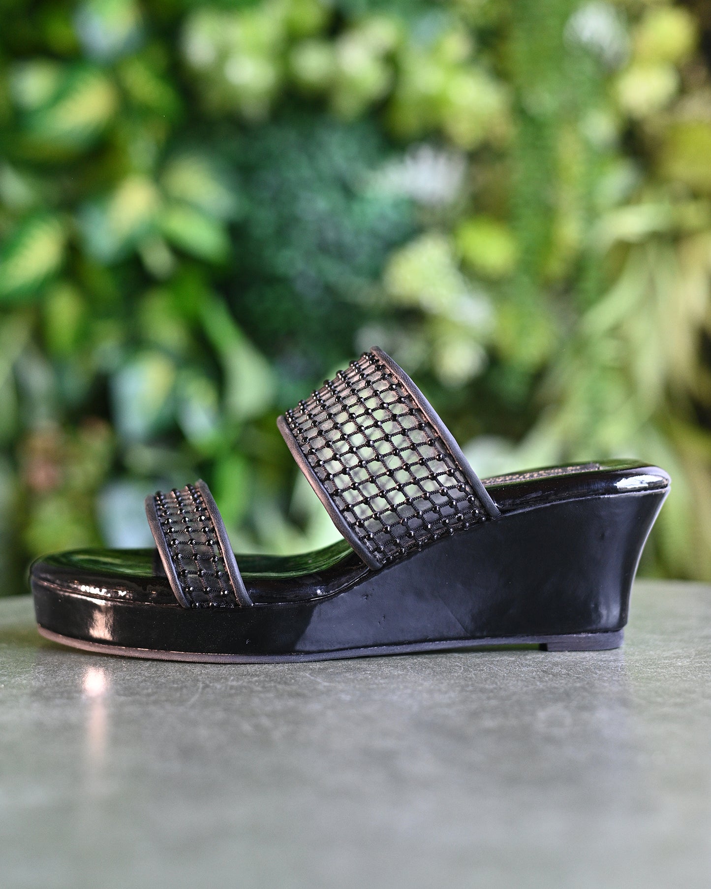 Black Dual Strap Wedges With Crystal Detailing