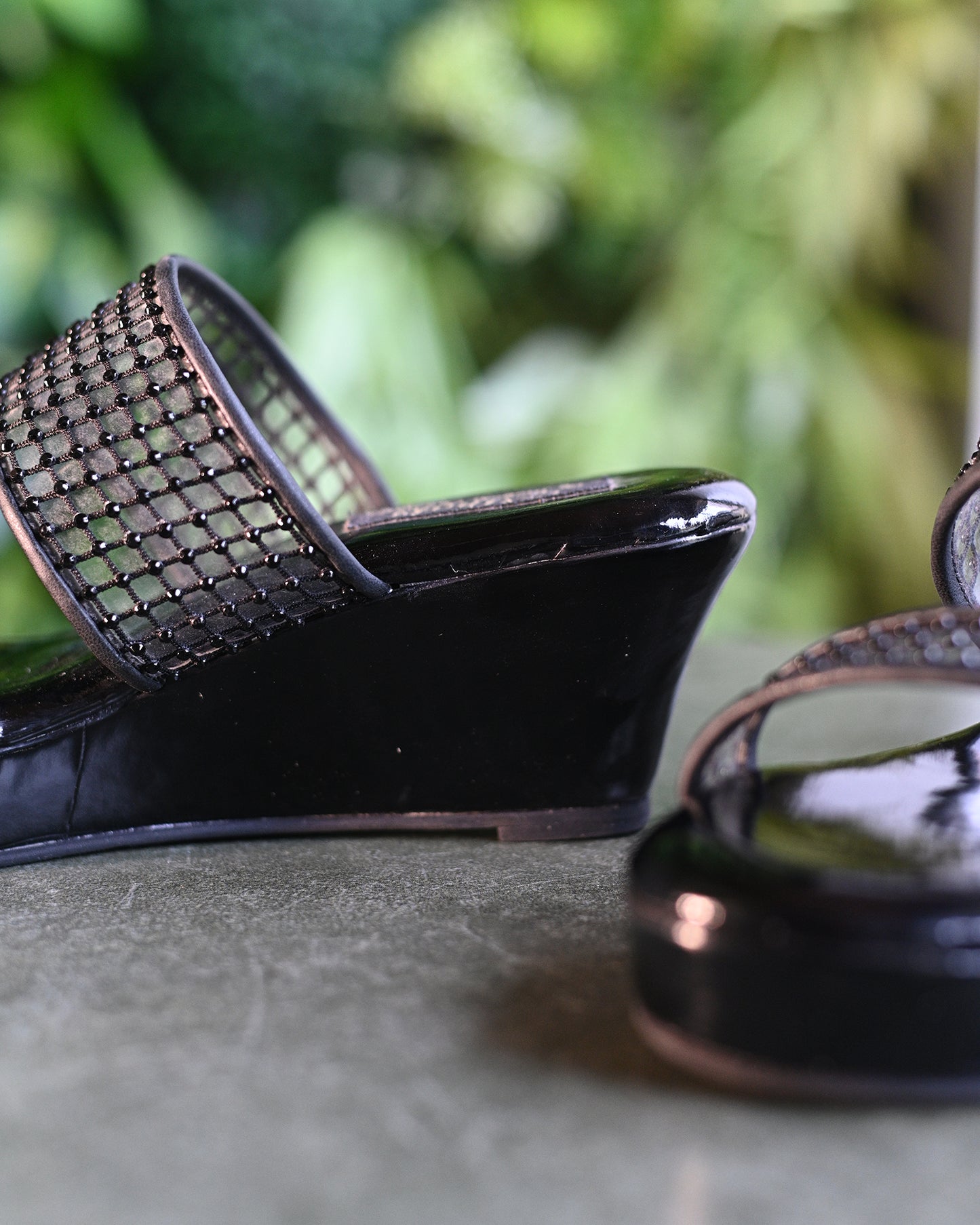 Black Dual Strap Wedges With Crystal Detailing
