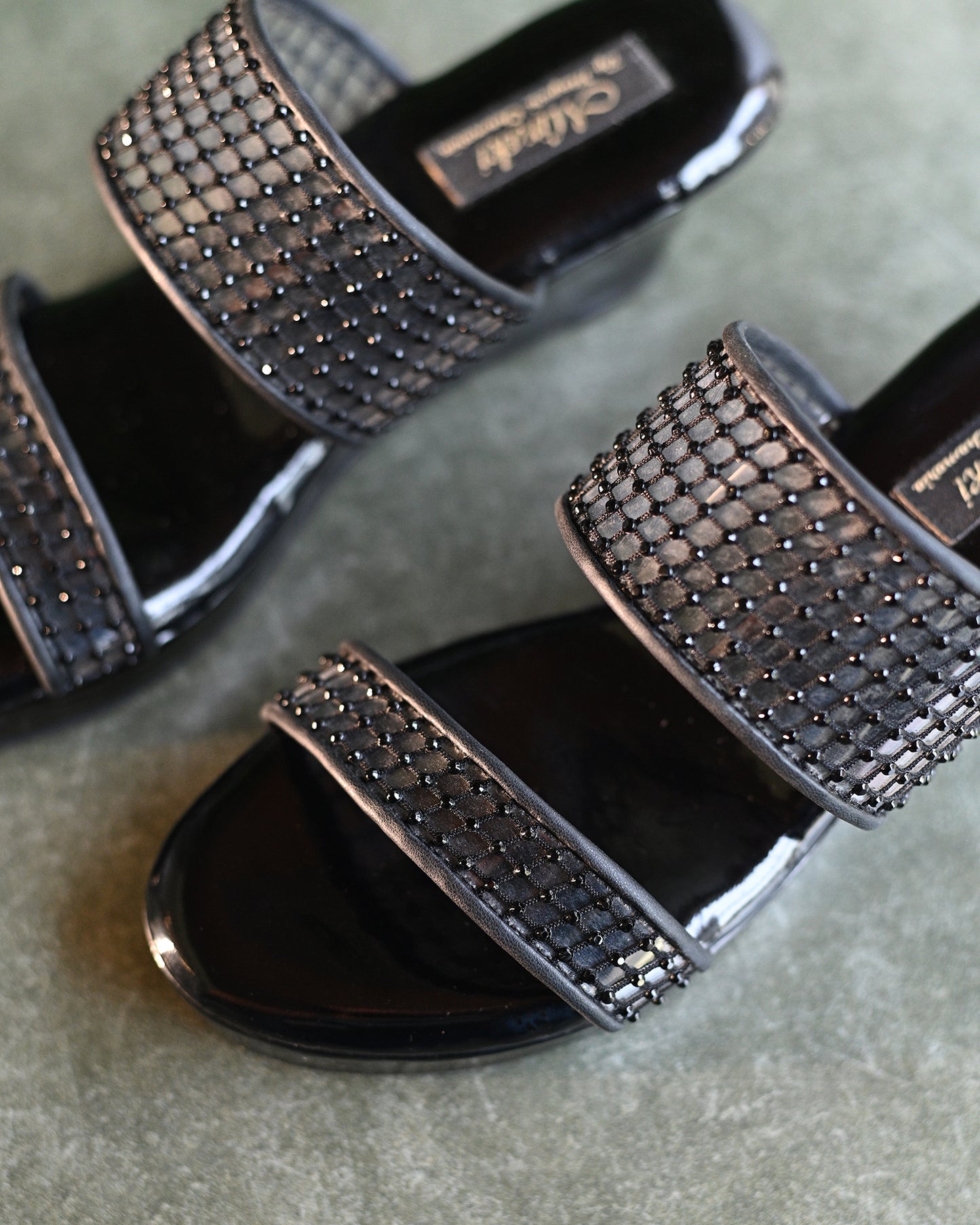Black Dual Strap Wedges With Crystal Detailing